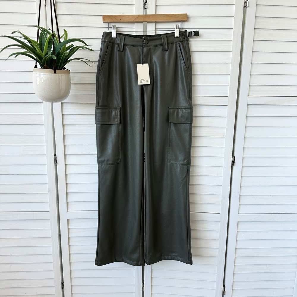 New Elan Faux Vegan Leather Olive Green Cargo Pants Straight Leg Size L